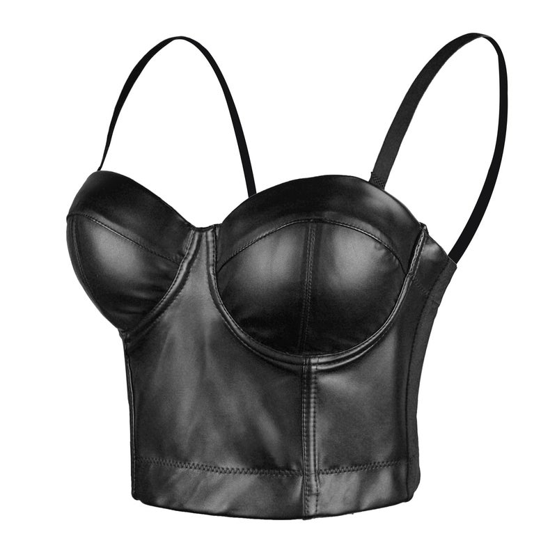 ELLACCI PU Leather Bustier Crop Top Gothic Punk Push Up Women's Corset Top Bra Black Small - Image 1